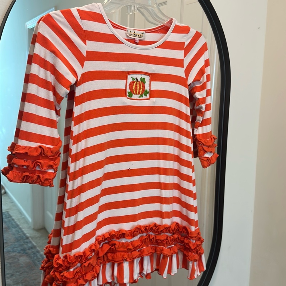 Girls pumpkin fall cotton dress - embroidered